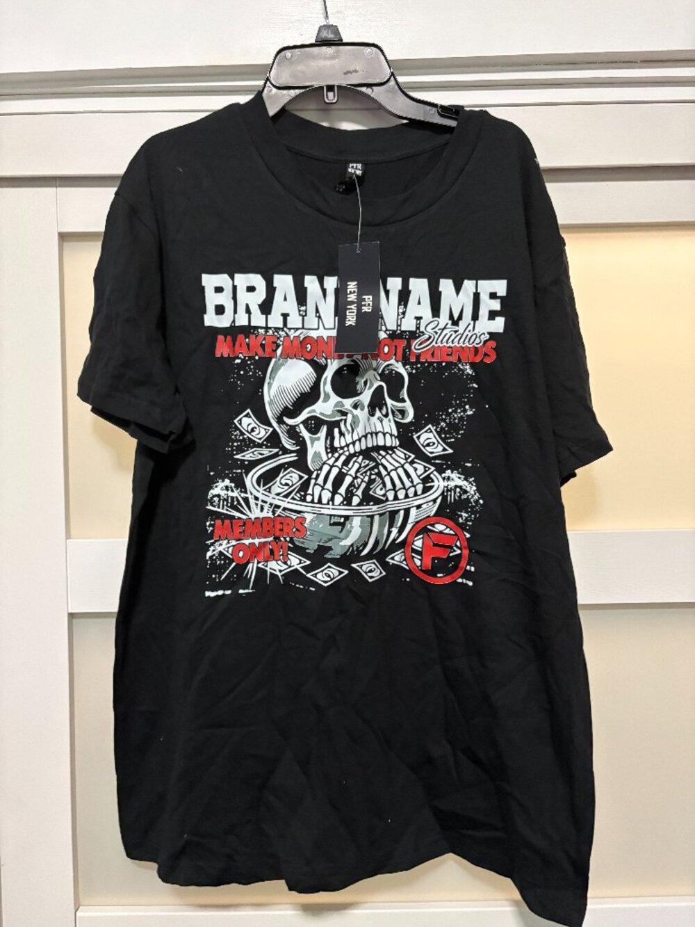 PRF NY Brandname No Money No Friends T-Shirt sz L Black Skeleton NEW